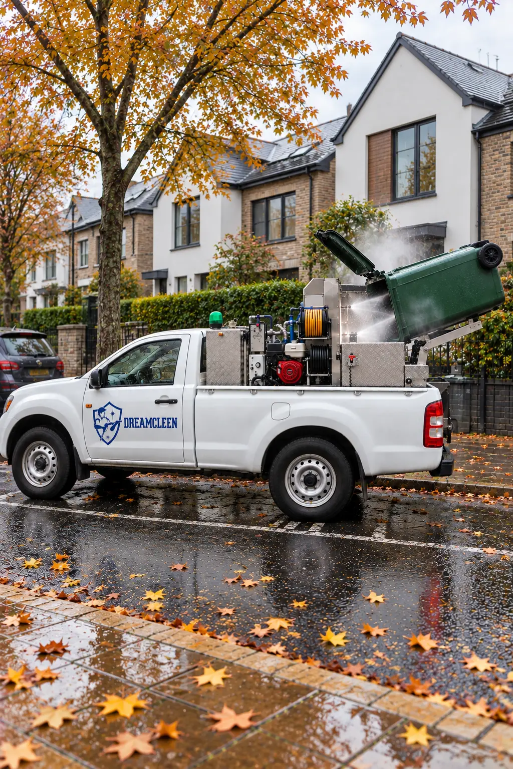 Dream Cleen bin-cleaning truck washing a wheelie bin on an autumn street